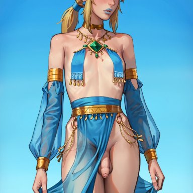 the legend of zelda, link, luuna, mossa (style), 1boy, armlet, blonde hair, blue eyes, blue lips, blue lipstick, blue loincloth, blush, breast curtains, crossdressing, dancer outfit