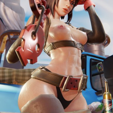 epic games, fortnite, fortnite: battle royale, the machinist (fortnite), jtopau, 1girls, abs, areolae, athletic, athletic female, black panties, blender, breasts, brown hair, female