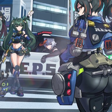 zenless zone zero, bangboo (zenless zone zero), jane doe (zenless zone zero), qingyi (zenless zone zero), zhu yuan, 1boy, 3girls, android, animal ear fluff, animal ears, arm up, ass, black gloves, black hair, blue sky