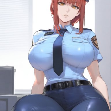 chainsaw man, makima (chainsaw man), hydrolis999, 1girls, alternate costume, large breasts, nekctie, police hat, police uniform, red hair, ai generated