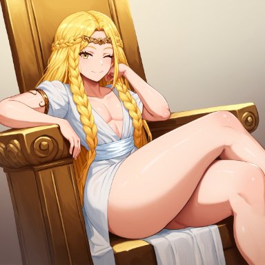 elden ring, miquella, zorg98, 1boy, big ass, big butt, blonde hair, braid, crossed legs, cute face, femboy, girly, gold jewelry, long hair, looking at viewer