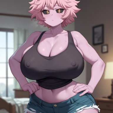 boku no hero academia, my hero academia, mina ashido, 1girls, alternate breast size, bedroom, big breasts, black sclera, busty, cleavage, female, female only, hands on hips, horns, huge breasts