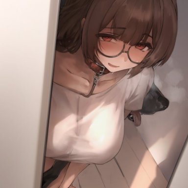 original, polki, arm support, aroused, bent over, blush, brown eyes, brown hair, canine, collar, collarbone, door, female, floor, glasses