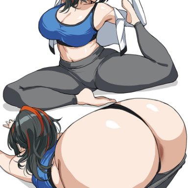 zenless zone zero, zhu yuan, drogod (artist), 1girls, ahoge, all fours, arms up, ass, black hair, black thong, blue sports bra, bra, breasts, cleavage, collarbone