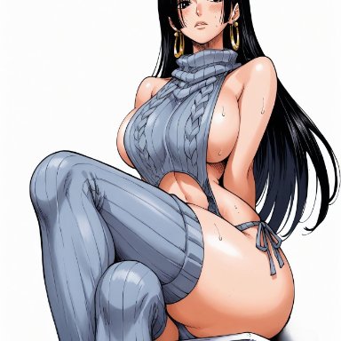 one piece, boa hancock, yashin, alluring, almost naked, almost nude, big breasts, black eyes, black hair, blue clothes, blue thigh socks, blush, earring, earrings, female