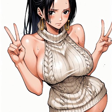 one piece, boa hancock, yashin, alluring, almost naked, almost nude, big breasts, black eyes, black hair, blush, breasts, bubble ass, bubble butt, earring, earrings