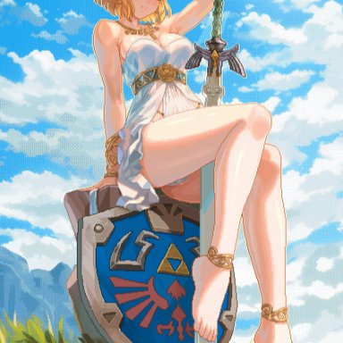 nintendo, tears of the kingdom, the legend of zelda, princess zelda, zelda (tears of the kingdom), itzah, alluring, bare shoulders, barefoot, big breasts, blonde hair, blue eyes, blue sky, braid, cloud