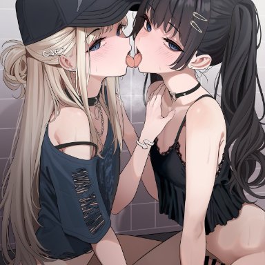 original, turisasu, 2boys, androgynous, arm support, baseball cap, black camisole, black choker, black hair, black hat, blonde hair, blue eyes, blue shirt, bottomless, bra strap