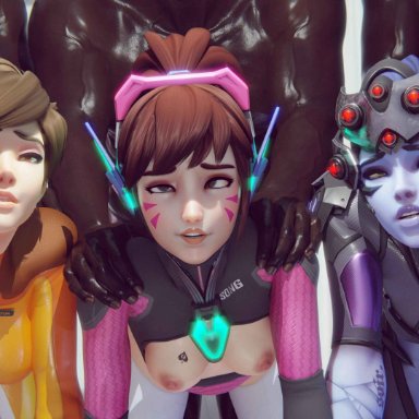 overwatch, d.va, tracer, widowmaker, gladionanimated, 3girls, 3males, big ass, big breasts, big penis, clothing, dark-skinned male, doggy style, interracial