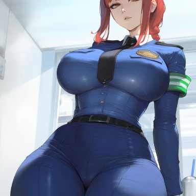 chainsaw man, makima (chainsaw man), hydrolis999, alternate costume, belt, jeans, large breasts, police hat, police uniform, red hair, ai generated, thiccwithaq (ai style)