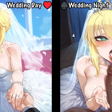 fate (series), fate/grand order, fate/stay night, artoria pendragon, saber, aipotions, 1boy, 1girls, after fellatio, ahoge, bangs, bare shoulders, blonde hair, blush, bouquet