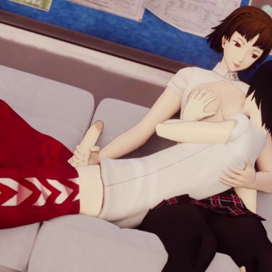 persona, persona 5, makoto niijima, ren amamiya, crimva, misuzugon, rbf7, cum, cum on hand, handjob, nursing handjob, partially clothed, sucking nipples, 3d, animated