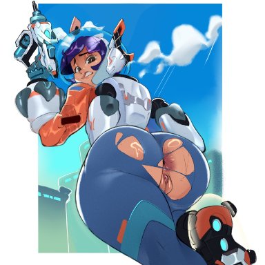 overwatch, overwatch 2, juno (overwatch), zeo (artist), 2d artwork, anus, ass, breasts, exposed, exposed anus, exposed ass, exposed pussy, female, hair, looking at self