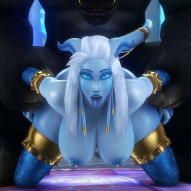 warcraft, world of warcraft, draenei, pyrista, tauren, noname55, black fur, blue body, blue skin, bouncing breasts, breasts, cum, cum on floor, doggy style, erect nipples