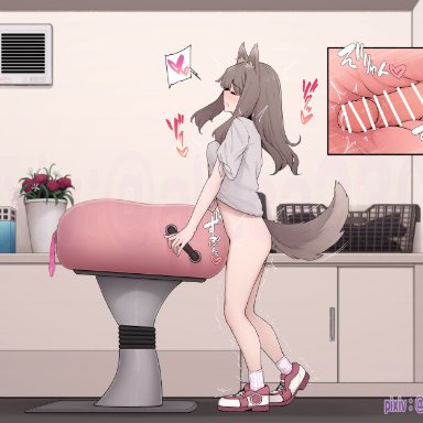 original, altica2301, 1futa, animal ears, artificial vagina, balls, bangs, bottomless, breasts, breeding mount, brown hair, closed eyes, clothed, clothing, cross section