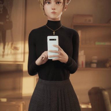 christianity, life is strange, kate marsh, fugtrup, 1girls, black shirt, black stockings, blonde hair, cellphone, clothed, cross, cross necklace, female, female only, fully clothed