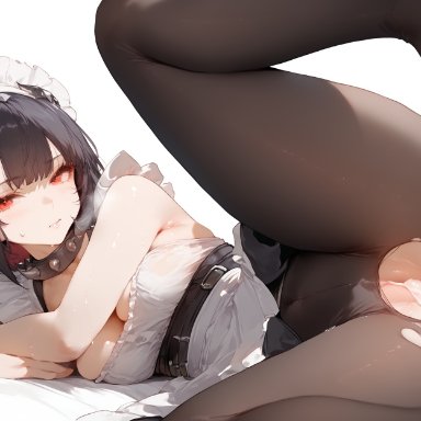 zenless zone zero, ellen joe, meyro, after sex, anus, ass, bangs, bare shoulders, belt, black hair, black legwear, blush, breasts, buckle, cleavage