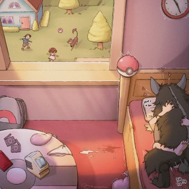 pokemon, liepard, mightyena, 1boy, 2girls, analog clock, backpack, bag, bed, clock, cobaltsnow, condom, condom wrapper, cum, cum on floor