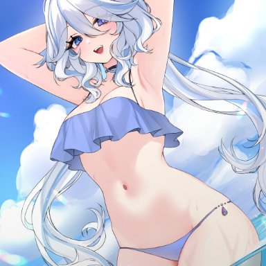 genshin impact, furina (genshin impact), nemuaki, 1girls, alternate costume, arms behind head, belly button, bikini, bikini bottom, bikini top, blue bikini, blue bikini bottom, blue bikini top, blue eyes, blue hair