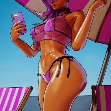 overwatch, overwatch 2, sombra, sfrinzy, beach, bra, chocker, collar, dark skin, dark-skinned female, eyeglasses, latina, latina female, purple eyes, purple hair