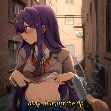 doki doki literature club, yuri (doki doki literature club), khyleri, blush, female, female only, flashing, imminent rape, knife, looking away, navel, questionable consent, scar, self harm scars, shy