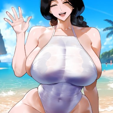 bleach, unohana retsu, creamy ai, beach, black hair, casual one-piece swimsuit, closed eyes, covered navel, curvy, huge breasts, long hair, one-piece swimsuit, sideboob, sitting, smile