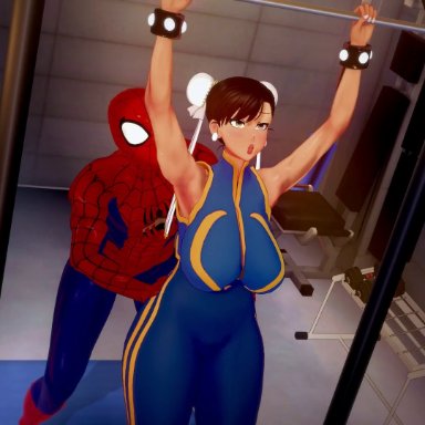 capcom, marvel, marvel vs. capcom, street fighter, street fighter alpha, chun-li, peter parker, spider-man, hongcha03, spidey-dude, ahe gao, asian female, barefoot, big breasts, bondage