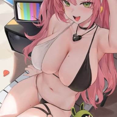 zenless zone zero, bangboo (zenless zone zero), nicole demara, lillly, :d, armpits, bikini, black bikini, black choker, blush, breasts, choker, female, green eyes, hair ornament