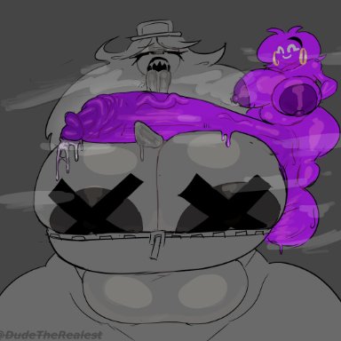 five nights at freddy's, friday night funkin, moroon gag, ourple guy (fnf mod), girlfriend (moroon gag), dudetherealest (artist), 1futa, 1girls, ass bigger than head, balls, breasts, closed eyes, clothed, clothing, cum on breasts