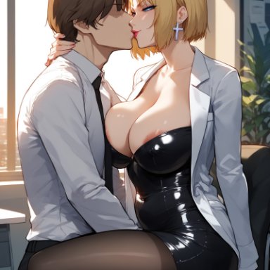 bible black, bible black new testament, shin bible black, kitami reika, yamanishi naoto, enigmata, 1boy, 1girls, adult, adult and teenager, age difference, areola slip, blonde hair, blue eyes, blush