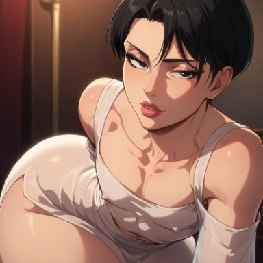 attack on titan, shingeki no kyojin, levi ackerman, femboyarashi, 1boy, almost naked, bedroom eyes, big ass, bimbo lips, bottom heavy femboy, dress, femboy, girly, hourglass figure, hyper