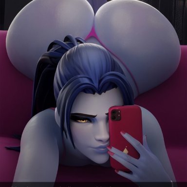 snapchat, widowmaker, 1girls, almost naked, ass focus, ass up, big ass, fat ass, female only, huge ass, phone, thong, wide hips, ai generated, tagme