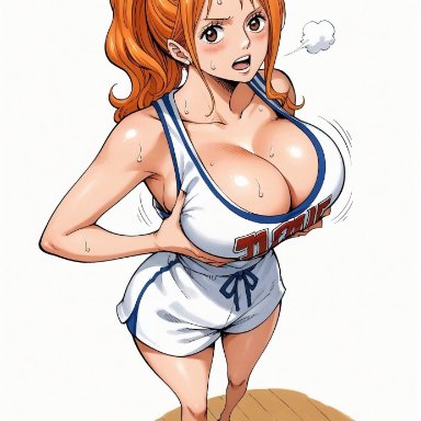 one piece, nami, nami (one piece), yashin, alluring, almost naked, almost nude, basketball, basketball shorts, basketball uniform, big breasts, blush, breasts, brown eyes, female