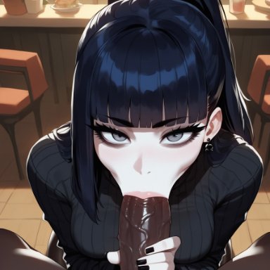 bella (xandr), xandr, 1girls, ass, bangs, big penis, black earrings, black hair, black makeup, blowjob, blunt bangs, breasts, choker, dark-skinned male, dominant male