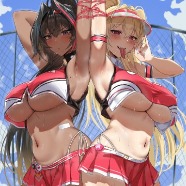 goddess of victory: nikke, bay (nikke), clay (nikke), micchan (micchanmeido), 2girls, blonde hair, blush, brown skin, cheerleader, cheerleader uniform, chocolate and vanilla, dark hair, dark skin, dark-skinned female, female