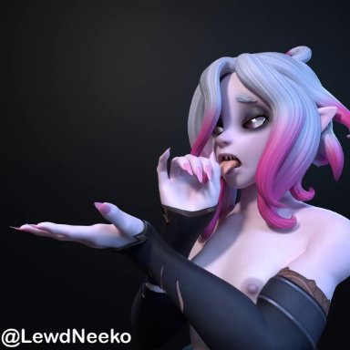 league of legends, briar (league of legends), lewdneeko, 1girls, breasts, breasts out, detached sleeves, dyed hair, exposed breasts, exposed nipples, fellatio, fellatio gesture, female, female only, gradient hair