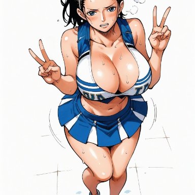 one piece, nico robin, yashin, alluring, almost naked, almost nude, big breasts, blue eyes, breasts, cheerleader, cheerleader outfit, cheerleader uniform, cheerleading uniform, female, female only