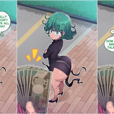 one-punch man, tatsumaki, freshnsfw, angry, angry face, arms crossed, big ass, big butt, blue eyes, bottom heavy, bribe, bribery, fully clothed, green hair, huge ass