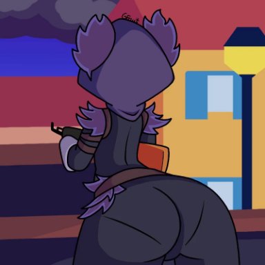 fortnite, raven team leader, grapefruitdoodles, :3, ak-47, arched back, ass, ass cheeks, ass jiggle, back view, belt, breasts, butt crack, clothing, clouds