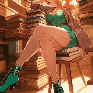 game freak, nintendo, pokemon, pokemon ss, sonia (pokemon), itzah, 1female, 1girls, 2d artwork, aqua dress, aqua eyes, bare legs, boots, breasts, british