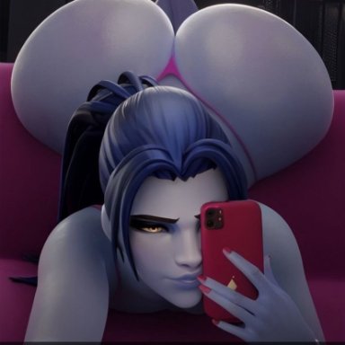 overwatch, snapchat, widowmaker, big ass, bubble butt, cheating, cheating girlfriend, close up smile, close-up, fat ass, french female, girlfriend questioning boyfriend, laying on stomach, naked female, smug face