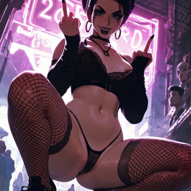 ai generated, avatar legends, avatar the last airbender, toph bei fong, splashthomson, 1girls, big ass, compact body, earth kingdom, female, fishnets, goth, goth girl, huge ass, middle finger