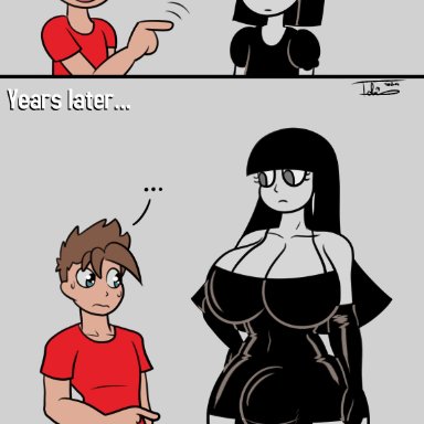 tohilewd, 1boy, 1futa, balls, bangs, before and after, big breasts, big thighs, black hair, breasts, bulge, bulge through clothing, cleavage, clothed, clothing