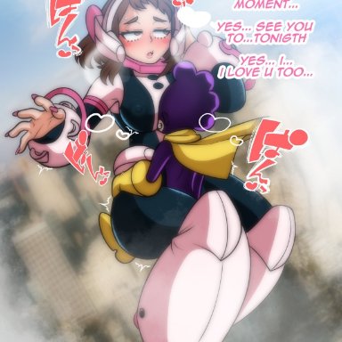 my hero academia, minoru mineta, ochako uraraka, ochako uraraka (hero outfit), belmont, 1boy, 1girl, aroused, brown eyes, brown hair, cheating girlfriend, clothed sex, cuckold, female, floating