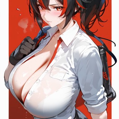 zenless zone zero, zhu yuan, arakijimeai, 1girls, black hair, breasts, busty, curvy, large breasts, police, police uniform, policewoman, ponytail, red hair, solo