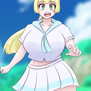 nintendo, pokemon, pokemon sun and moon, lillie (pokemon), team rocket, drevod, blonde hair, blowjob, cleavage, cleavage cutout, expressionless, femsub, gloves, green eyes, hair covering one eye