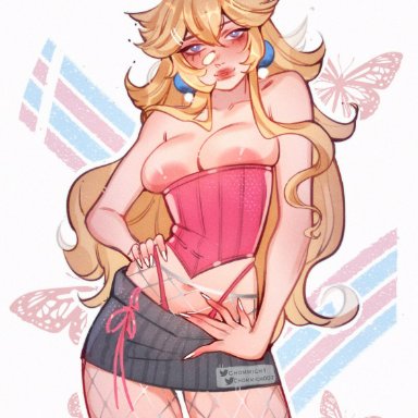 mario (series), nintendo, super mario bros., princess peach, chommich, 1girls, areola slip, bangs, big breasts, blonde hair, blush, breast squeeze, breast squish, cleavage, corset