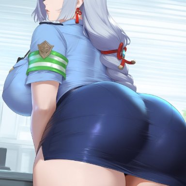 genshin impact, shenhe (genshin impact), hydrolis999, 1girls, aiguillette, armband, ass, ass focus, bangs, blue eyes, blue headwear, blue shirt, blue skirt, braid, braided ponytail