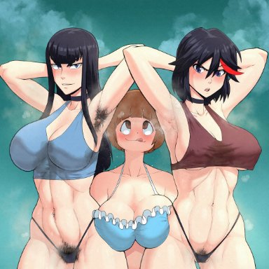 adult swim, kill la kill, toonami, kiryuuin satsuki, mankanshoku mako, matoi ryuuko, kokobiel, 3girls, armpit fetish, armpit hair, armpit stubble, armpits, crop top, female, female only