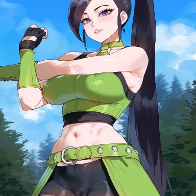 dragon quest, dragon quest xi, jade (dq11), creamy ai, black hair, black shorts, cameltoe, curvy, large breasts, long hair, purple eyes, shorts, thick thighs, wide hips, ai generated